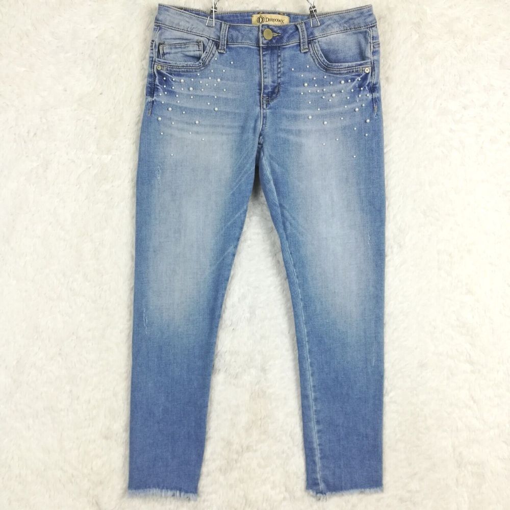 Democracy Womens Jeans Seamless Ankle Skimmer Blue Denim Beaded Pearl Raw Hem 6